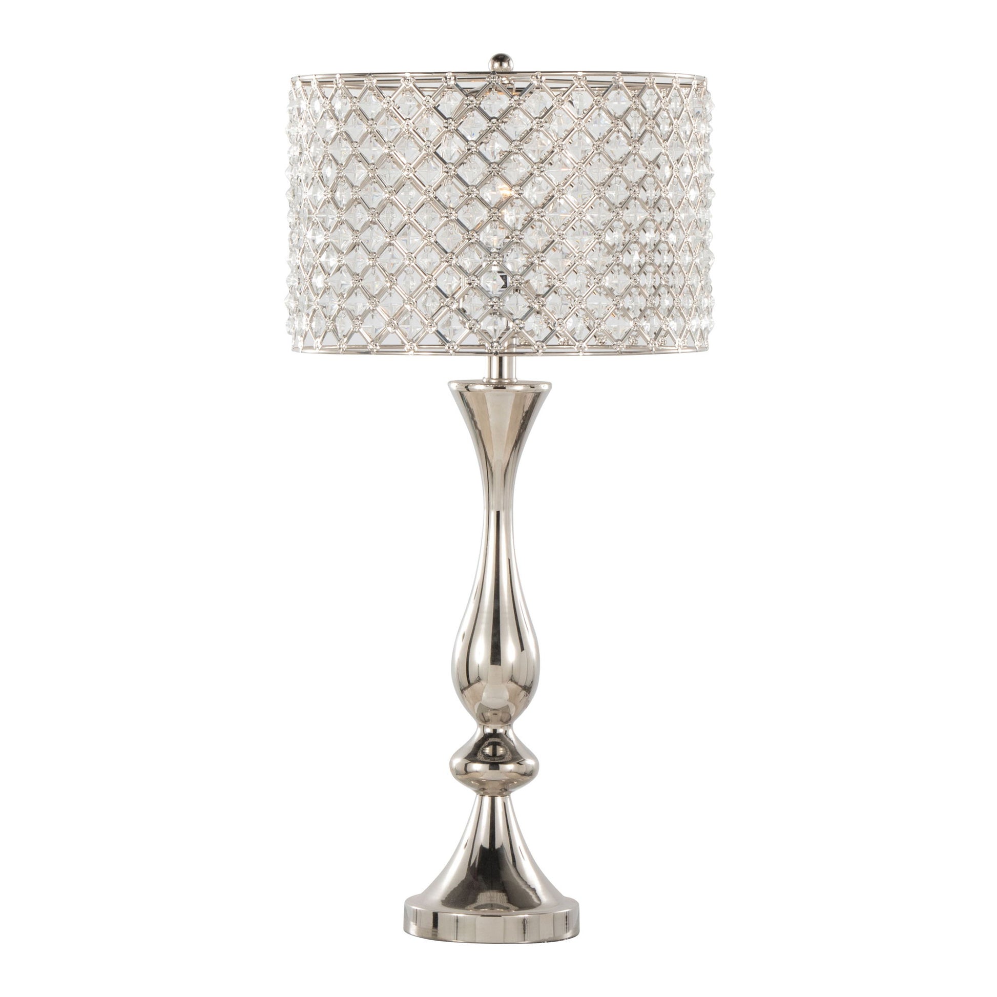 The Topaz - Contemporary Table Lamp features a tall, elegant design with a shiny silver base and a cylindrical lampshade decorated with diamond-patterned crystal accents.