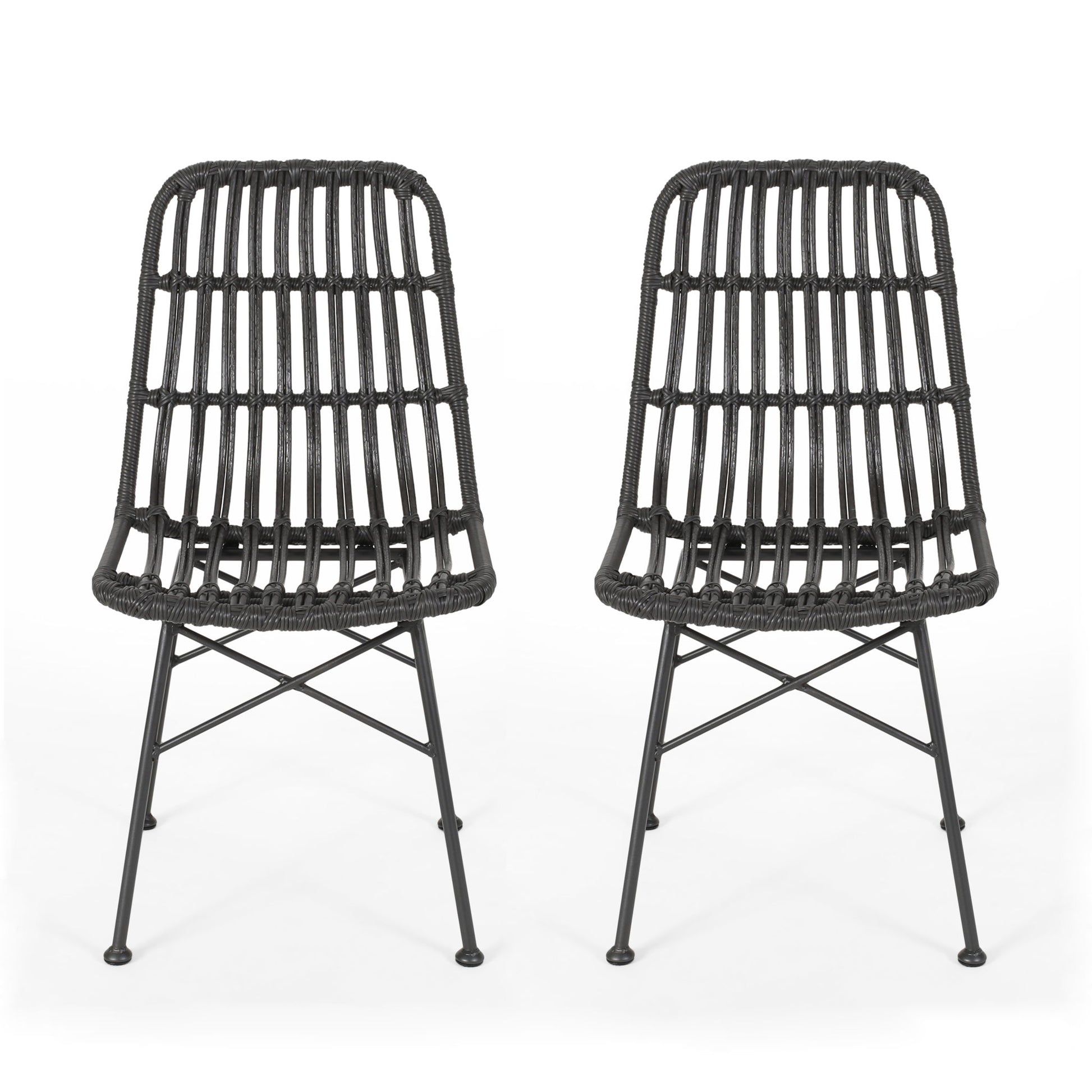 Two Sawtelle chairs with black frames and woven rattan-style seats and backs, supported by metal legs with cross supports, are placed side by side on a white background.