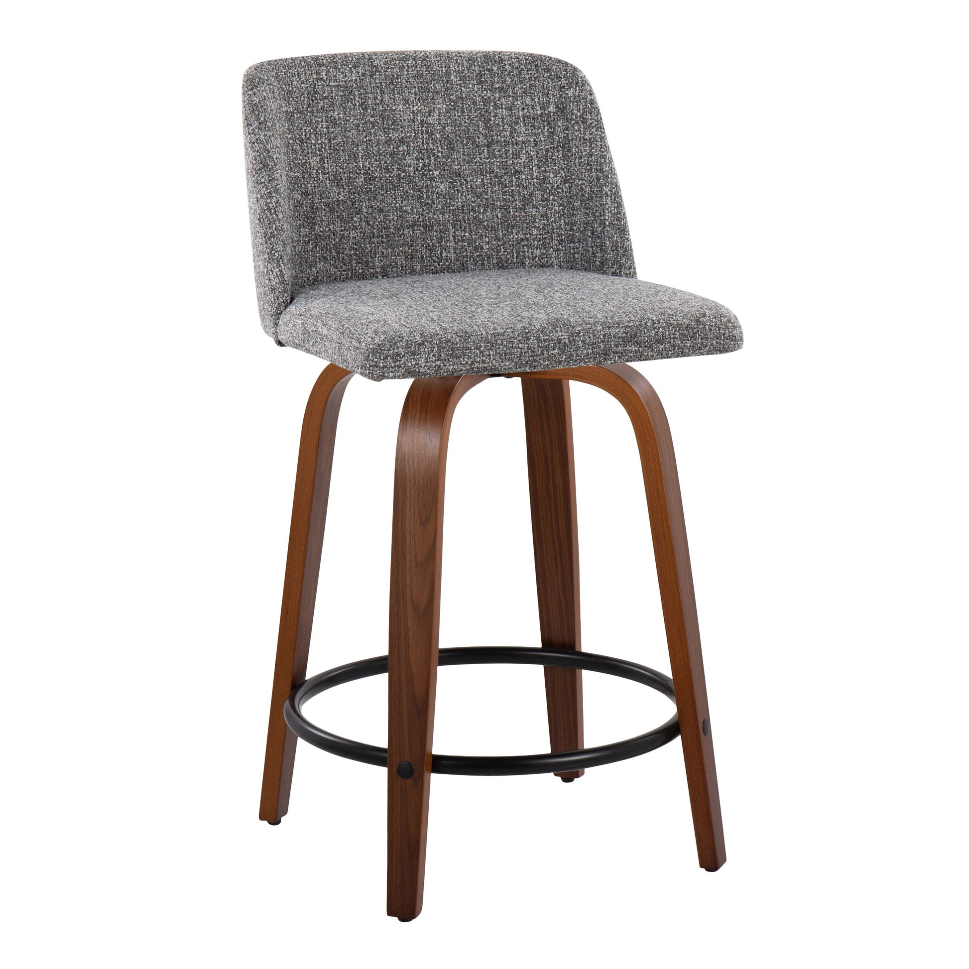 The Toriano Mid Century Modern barstool set includes two fixed-height counter stools with swivel seats, featuring a gray upholstered seat and backrest, a sleek wooden frame, and a circular black metal footrest that merges contemporary and classic designs.