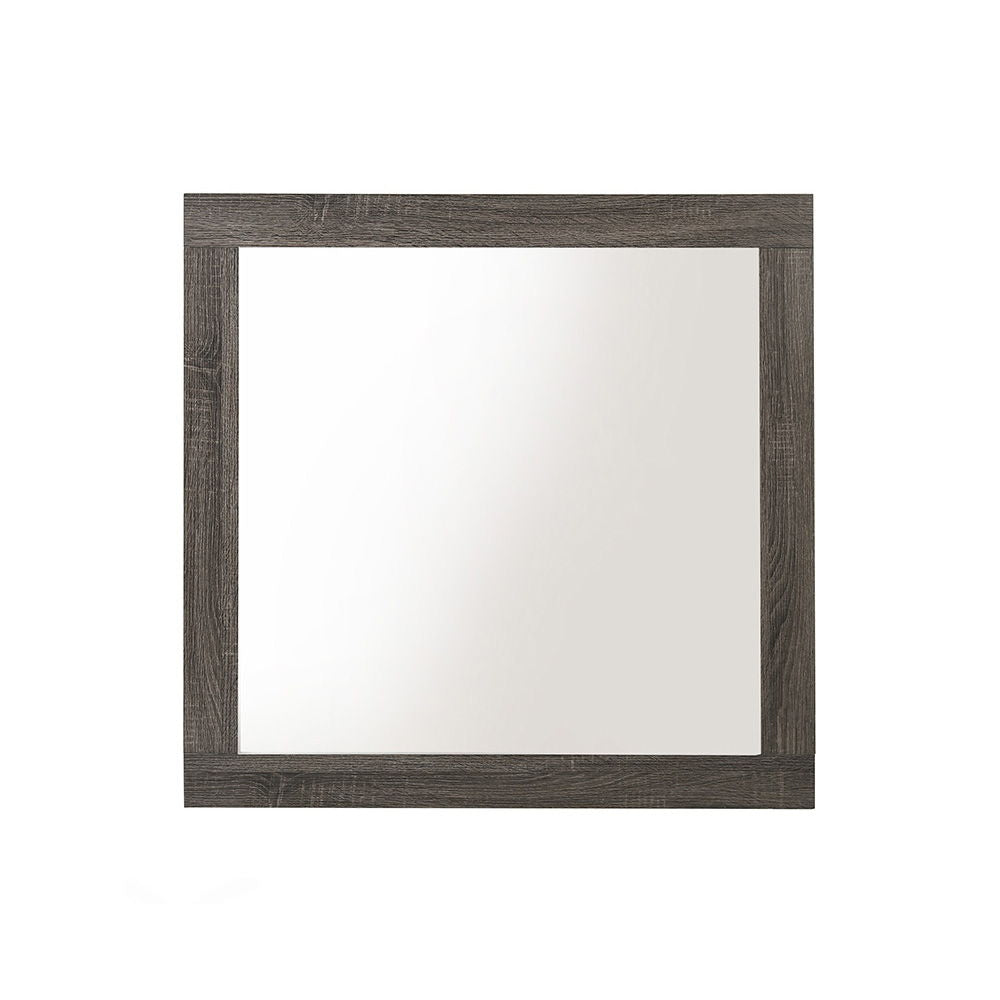 The Avantika Rustic Mirror in gray and oak features a square shape with a wide, dark wooden frame, shown against a plain white background.