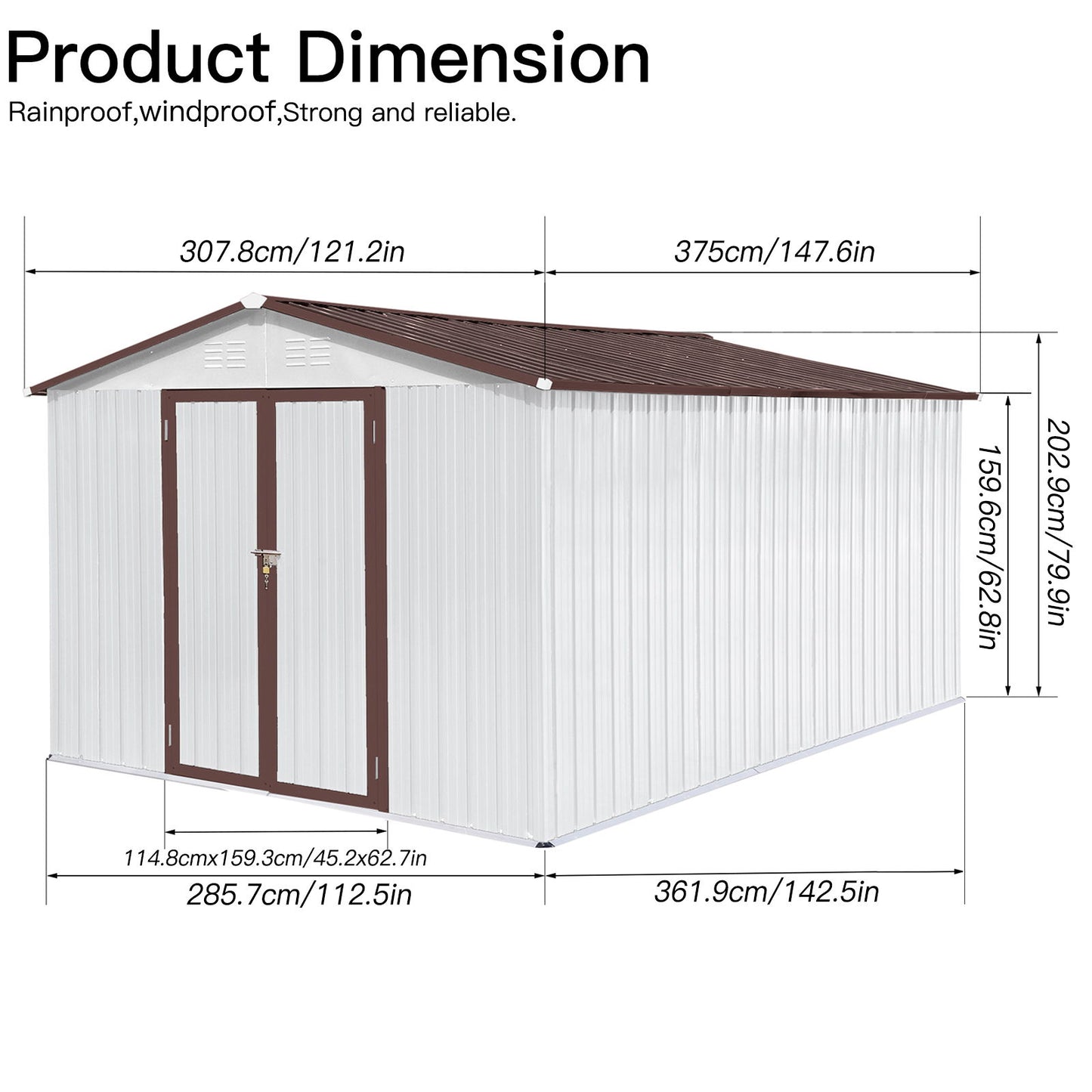 10' x 12' Garden Sheds Outdoor Storage Sheds: Rectangular metal shed with brown roof/trim, double front doors, and dimensions—front: 99"x121.2", side: 147.6", height: 79.9", doors: 45.2"x62.1", side depth: 142.5".