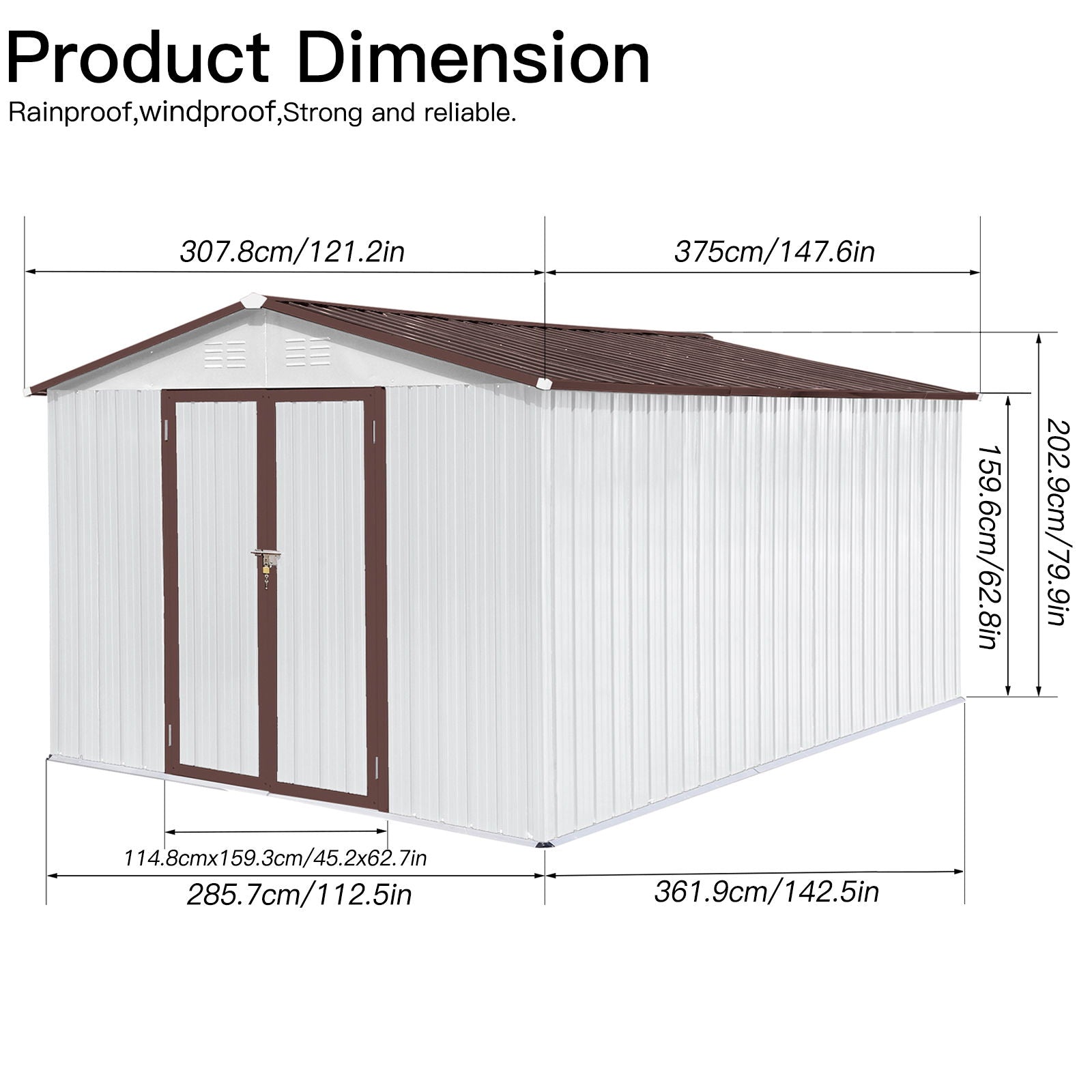 10' x 12' Garden Sheds Outdoor Storage Sheds: Rectangular metal shed with brown roof/trim, double front doors, and dimensions—front: 99"x121.2", side: 147.6", height: 79.9", doors: 45.2"x62.1", side depth: 142.5".