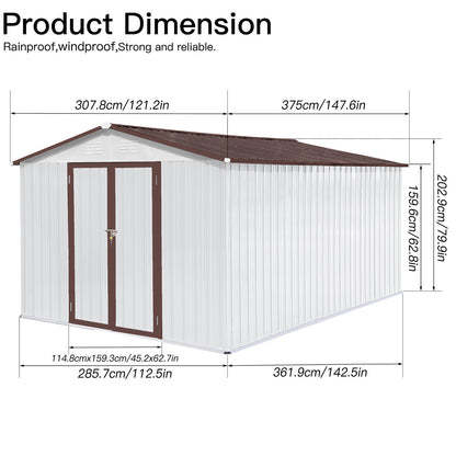 10' x 12' Garden Sheds Outdoor Storage Sheds: Rectangular metal shed with brown roof/trim, double front doors, and dimensions—front: 99"x121.2", side: 147.6", height: 79.9", doors: 45.2"x62.1", side depth: 142.5".