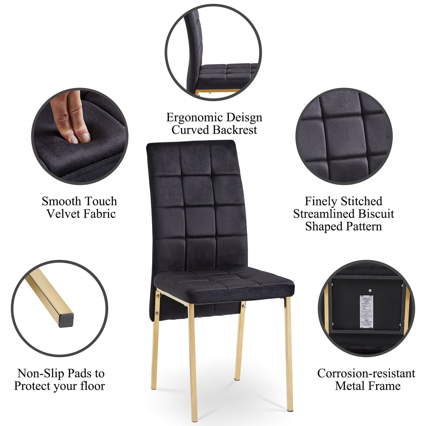The Velvet High Back Nordic Dining Chair features golden color legs, biscuit-stitched velvet upholstery, a curved backrest, soft-touch fabric, non-slip pads, a corrosion-resistant frame, and detailed stitching for modern elegance.