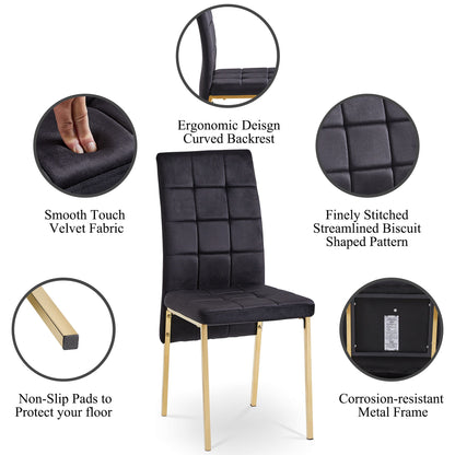 The Velvet High Back Nordic Dining Chair features golden color legs, biscuit-stitched velvet upholstery, a curved backrest, soft-touch fabric, non-slip pads, a corrosion-resistant frame, and detailed stitching for modern elegance.