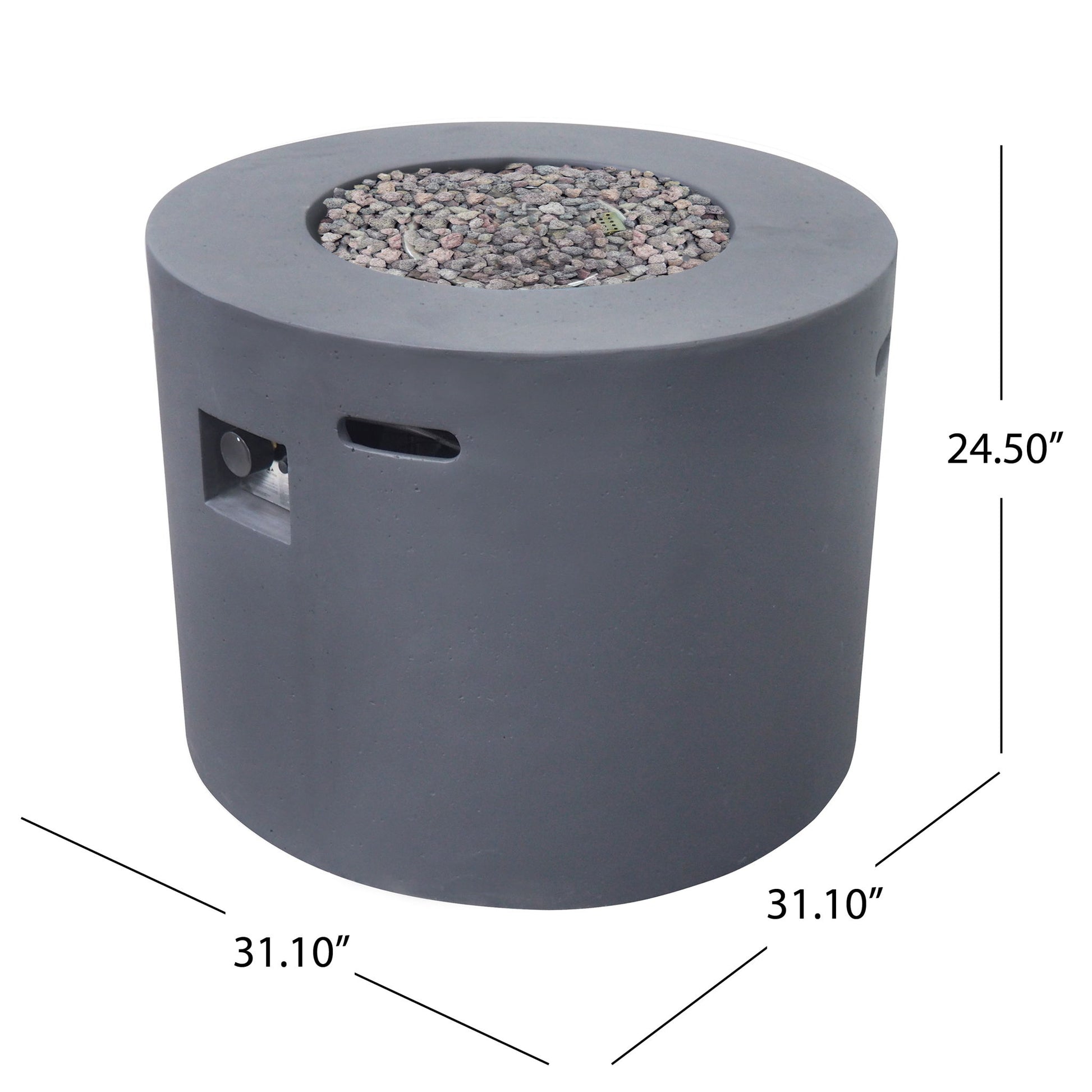 The Round Iron Fire Pit With 40,000 Btu features a gray, round design with lava rocks, a side control panel, cut-out handles, and measures 24.5" tall by 31.1" in diameter—ideal for outdoor gatherings.