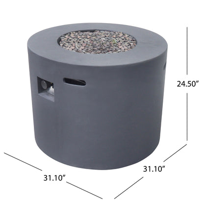 The Round Iron Fire Pit With 40,000 Btu features a gray, round design with lava rocks, a side control panel, cut-out handles, and measures 24.5" tall by 31.1" in diameter—ideal for outdoor gatherings.
