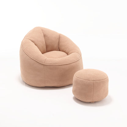 The Bedding Bean Bag Sofa Chair features high-pressure foam and comes with a matching footrest, both in soft upholstery, shown in beige with rounded forms against a plain white background.