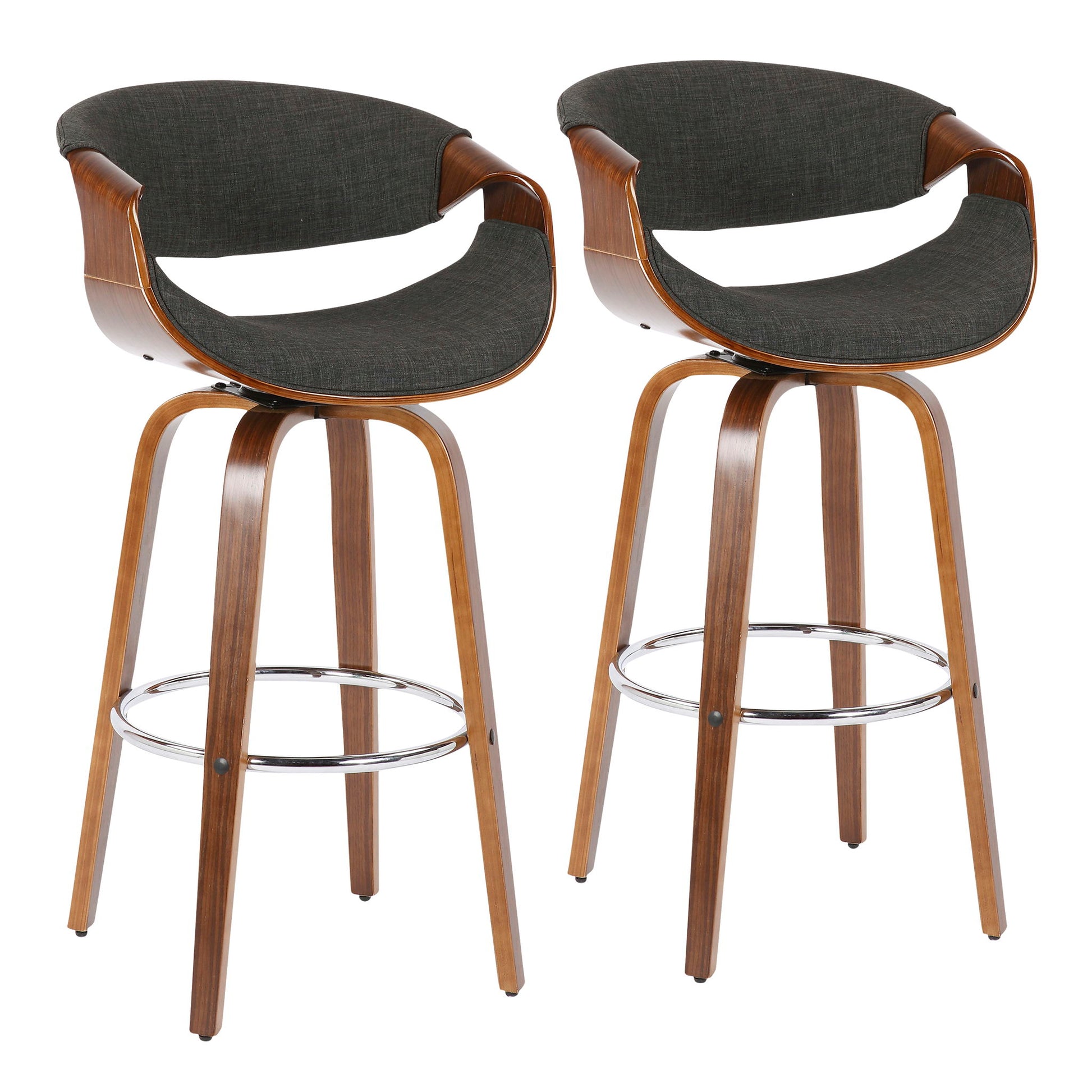 The Curvini Mid-Century Modern Fixed Height Barstool With Swivel (Set of 2) features curved wooden backs, dark upholstered seats, four angled legs, and metal footrests for a stylish, contemporary look.