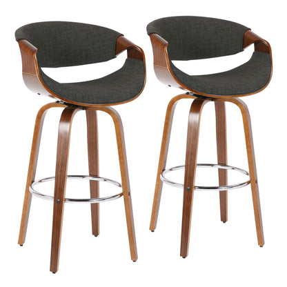 The Curvini Mid-Century Modern Fixed Height Barstool With Swivel (Set of 2) features curved wooden backs, dark upholstered seats, four angled legs, and metal footrests for a stylish, contemporary look.