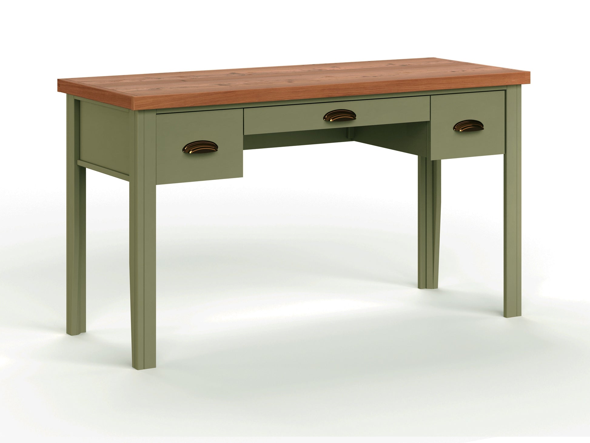 The Couch.com Vineyard Writing Desk features wood construction with a sage green finish and a fruitwood top, three drawers with brass handles (one center, one on each side), and four straight legs.