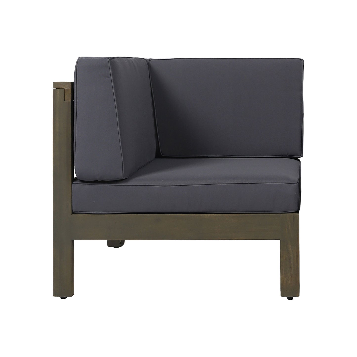 The Oana 3 Piece Sofa Set features a modern outdoor corner chair with water resistant dark gray cushions and a wooden frame, shown from the side against a white background.