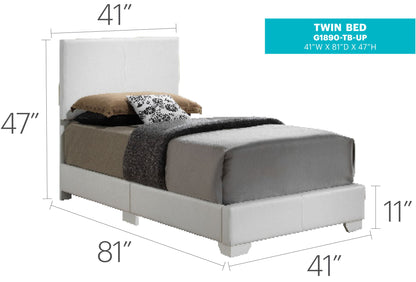 The Elegant Platform Bed For Relaxed Spaces is a white twin bed with a tall 47" headboard and an 11" high base, measuring 41"W x 81"D x 47"H. Shown with brown, white, and gray bedding.