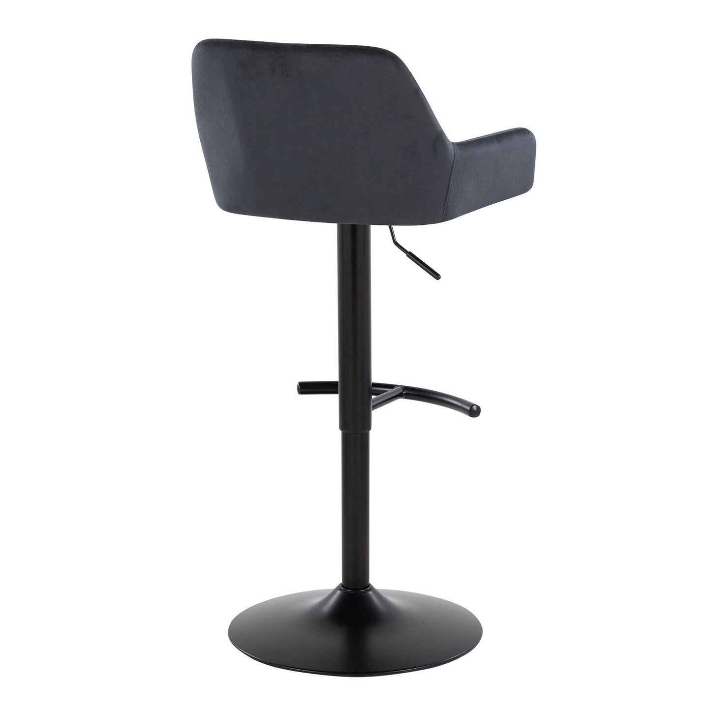 The Daniella Contemporary Adjustable Barstool (Set of 2) features a cushioned backrest and seat in black, a single central metal base with a circular footrest and round base, and offers swivel functionality. Viewed from the back.