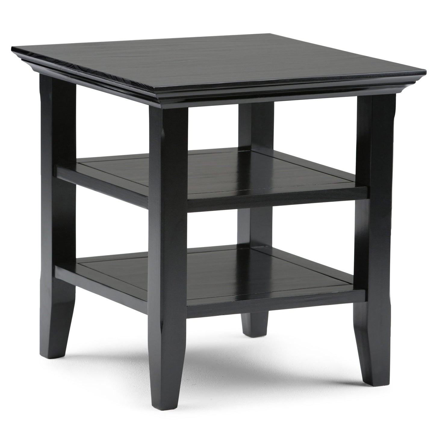 The Acadian - Handcrafted End Table is a black wooden piece with a square top, two lower shelves, and four straight legs, featuring a simple modern design.