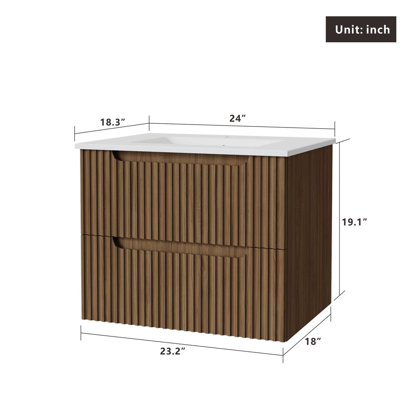 The Wall Mounted Bathroom Vanity With Sink features a wooden, fluted front design, two drawers, and a white countertop. Dimensions: 24"W x 18.3"D x 19.1"H (all units in inches).