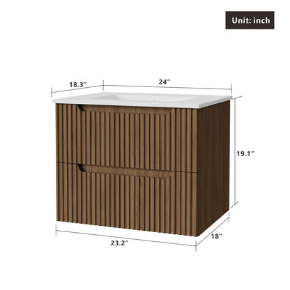 The Wall Mounted Bathroom Vanity With Sink features a wooden, fluted front design, two drawers, and a white countertop. Dimensions: 24"W x 18.3"D x 19.1"H (all units in inches).