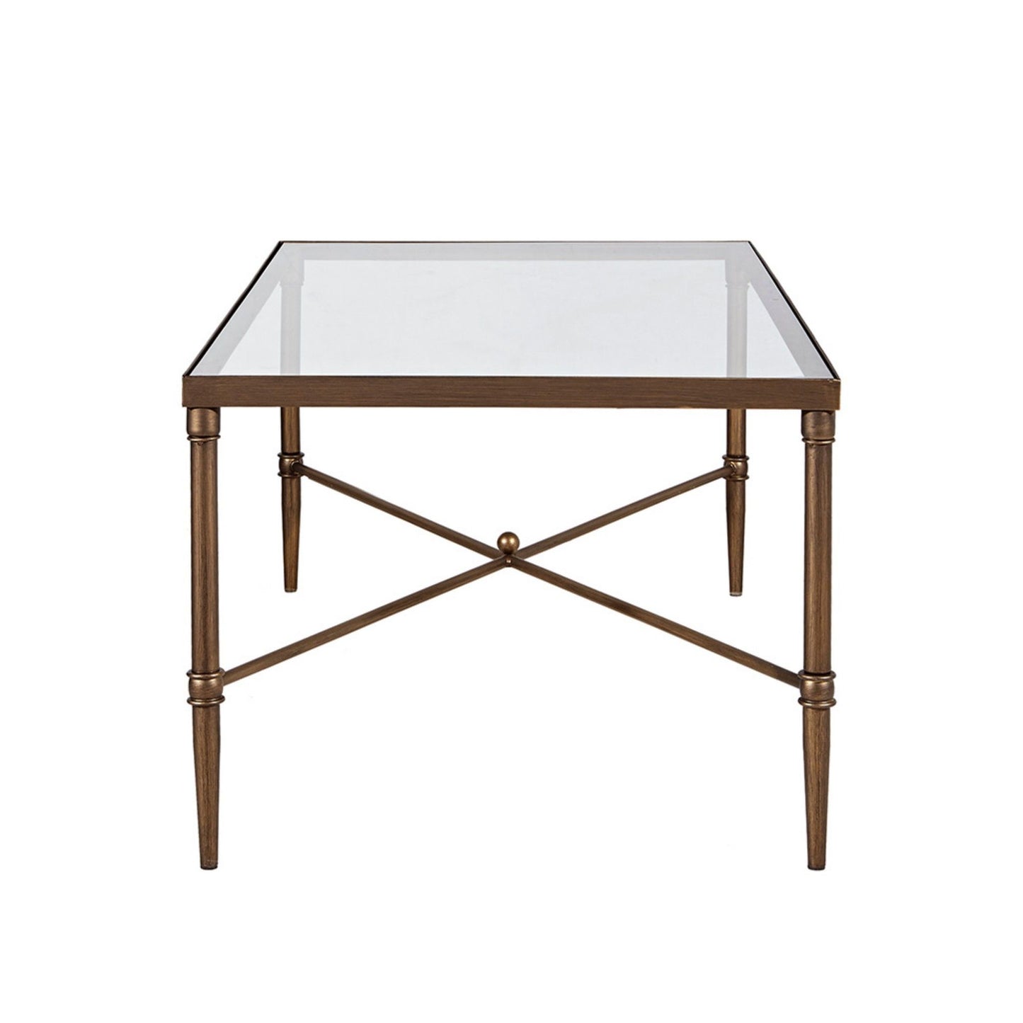 A bronze metal rectangle coffee table featuring a tempered glass top, four tapered legs, and an X-shaped crossbar with a round decorative center.