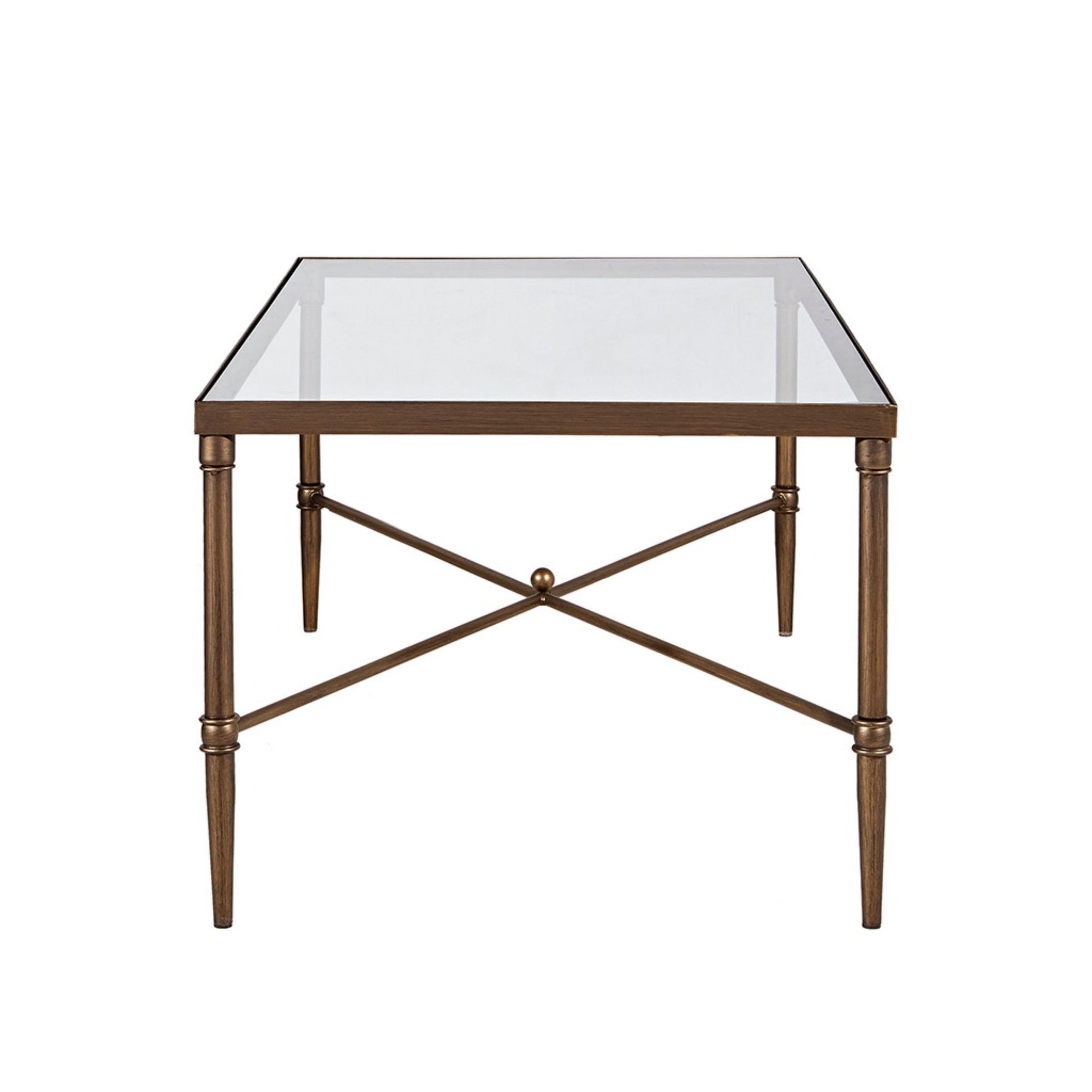 A bronze metal rectangle coffee table featuring a tempered glass top, four tapered legs, and an X-shaped crossbar with a round decorative center.