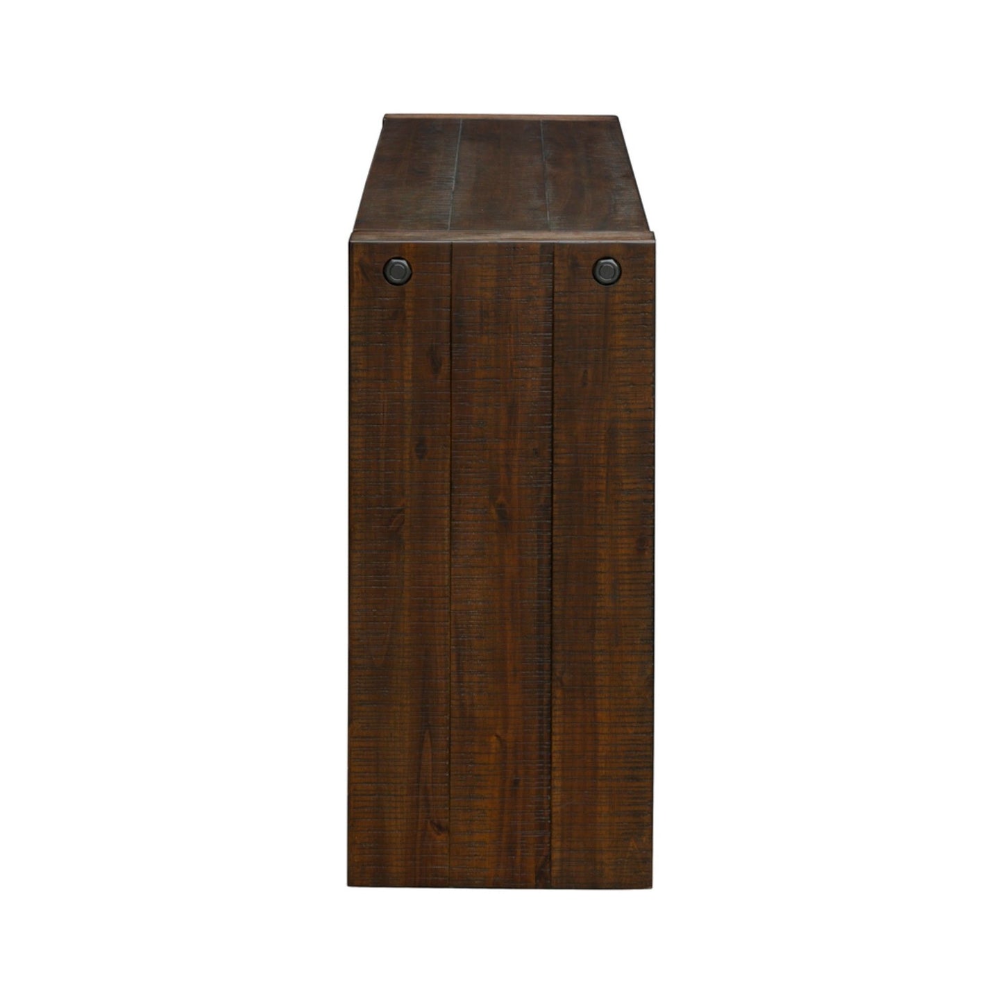 Side view of the Modern Design Console Table, a rectangular wooden piece with a dark brown finish, visible wood grain, and two round black metal fasteners at the top corners.