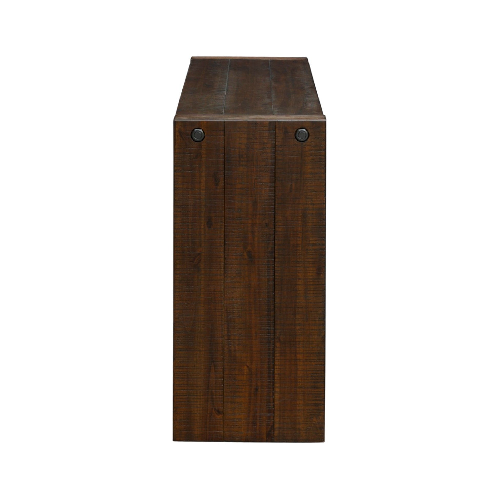 Side view of the Modern Design Console Table, a rectangular wooden piece with a dark brown finish, visible wood grain, and two round black metal fasteners at the top corners.