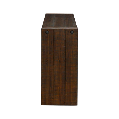 Side view of the Modern Design Console Table, a rectangular wooden piece with a dark brown finish, visible wood grain, and two round black metal fasteners at the top corners.