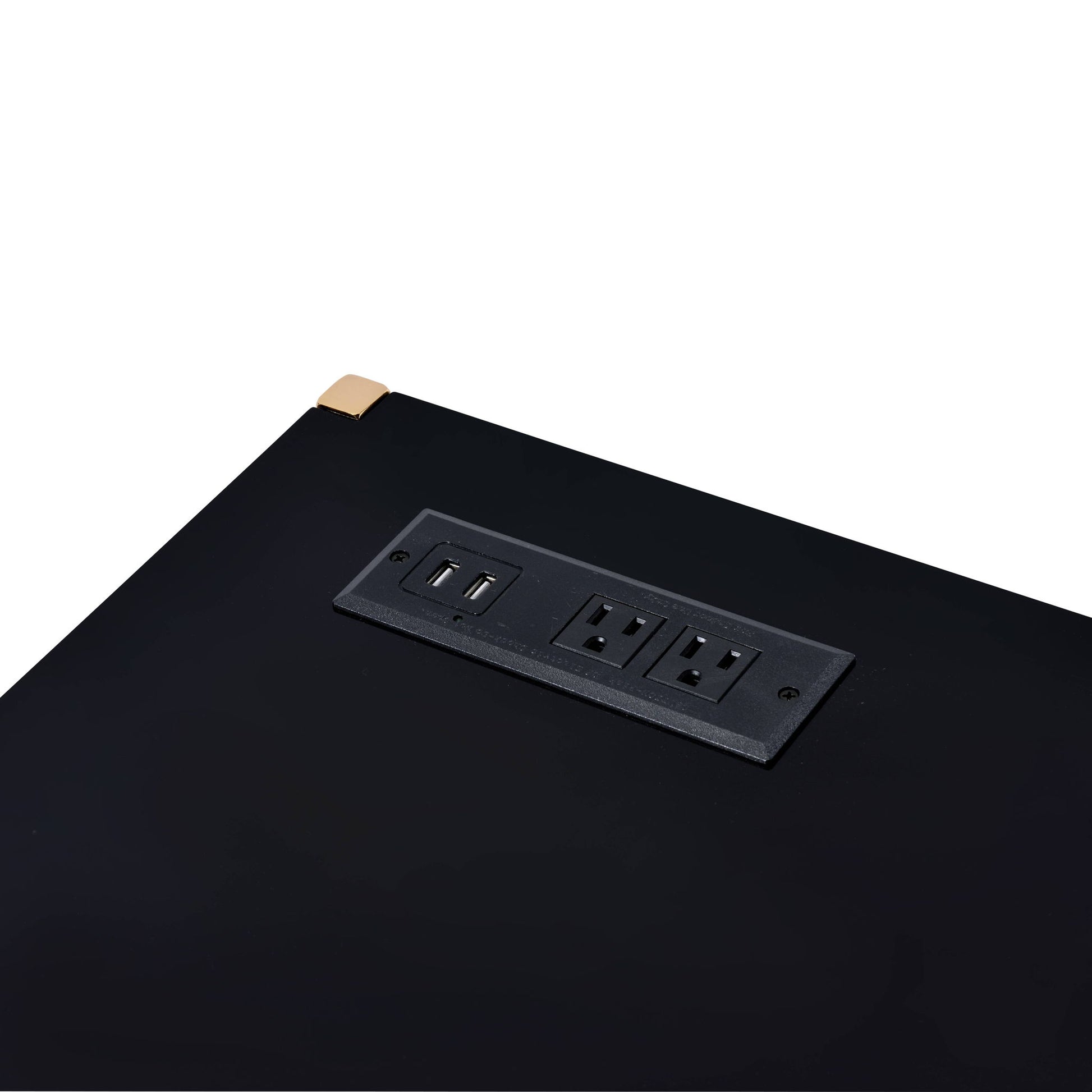 A close-up of the Midriaks Writing Desk With USB shows a built-in power outlet panel with two electrical sockets, two USB charging ports, and a gold-colored corner accent.