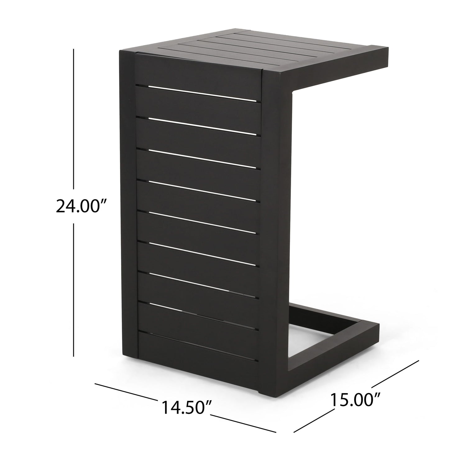 The Aluminum Outdoor C-Shaped Side Table for Patio features a modern, open rectangular design with black slats and measures 24" tall, 14.5" wide, and 15" deep—perfect for stylish outdoor spaces.