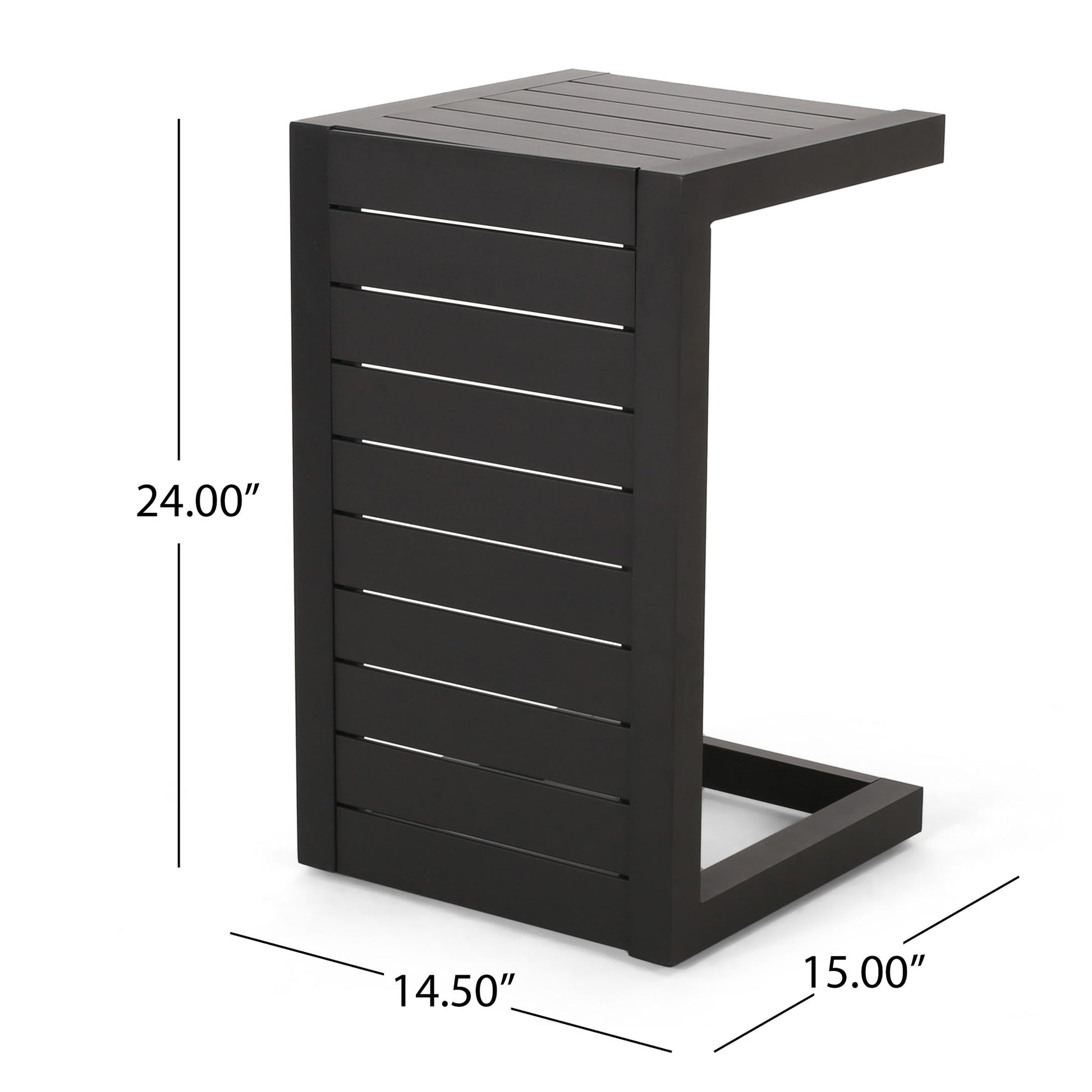 The Aluminum Outdoor C-Shaped Side Table for Patio features a modern, open rectangular design with black slats and measures 24" tall, 14.5" wide, and 15" deep—perfect for stylish outdoor spaces.