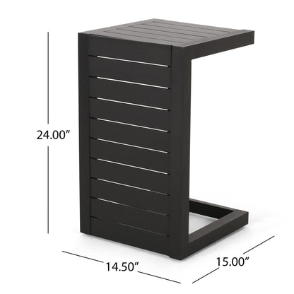 The Aluminum Outdoor C-Shaped Side Table for Patio features a modern, open rectangular design with black slats and measures 24" tall, 14.5" wide, and 15" deep—perfect for stylish outdoor spaces.