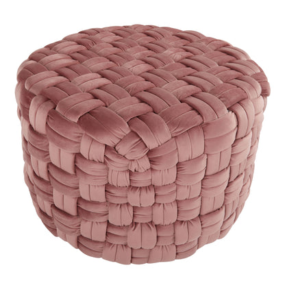The Braided - Versatile Round Ottoman features a chunky, woven texture in soft dusty pink fabric. Its thick, plush weave creates a cozy and inviting look, perfect for adding comfort and style to any space.