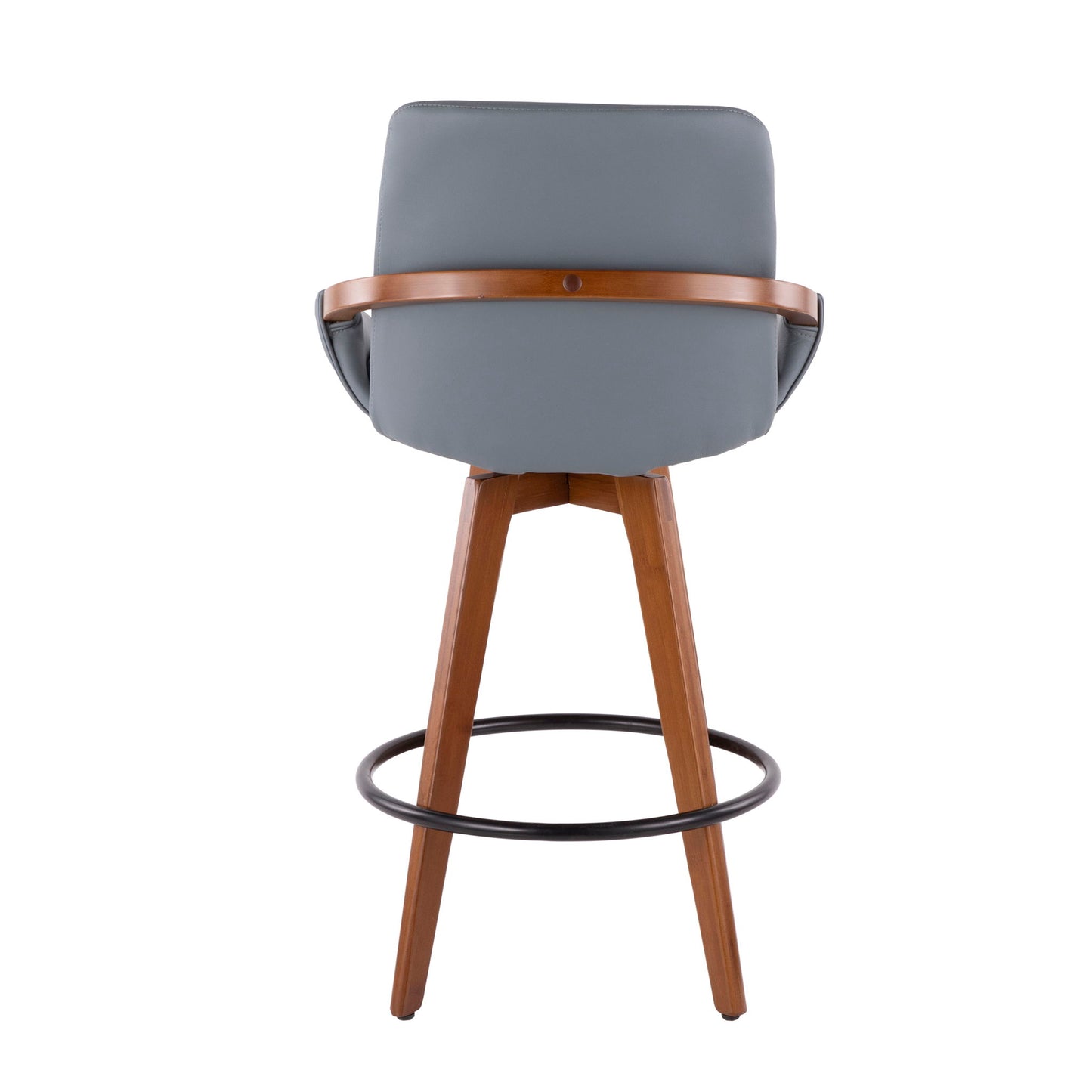 The Cosmo - Mid Century Counter Stool features a gray cushioned backrest, wooden frame with four angled legs, and a black metal footrest, shown from the back.