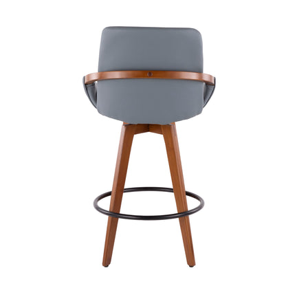 The Cosmo - Mid Century Counter Stool features a gray cushioned backrest, wooden frame with four angled legs, and a black metal footrest, shown from the back.