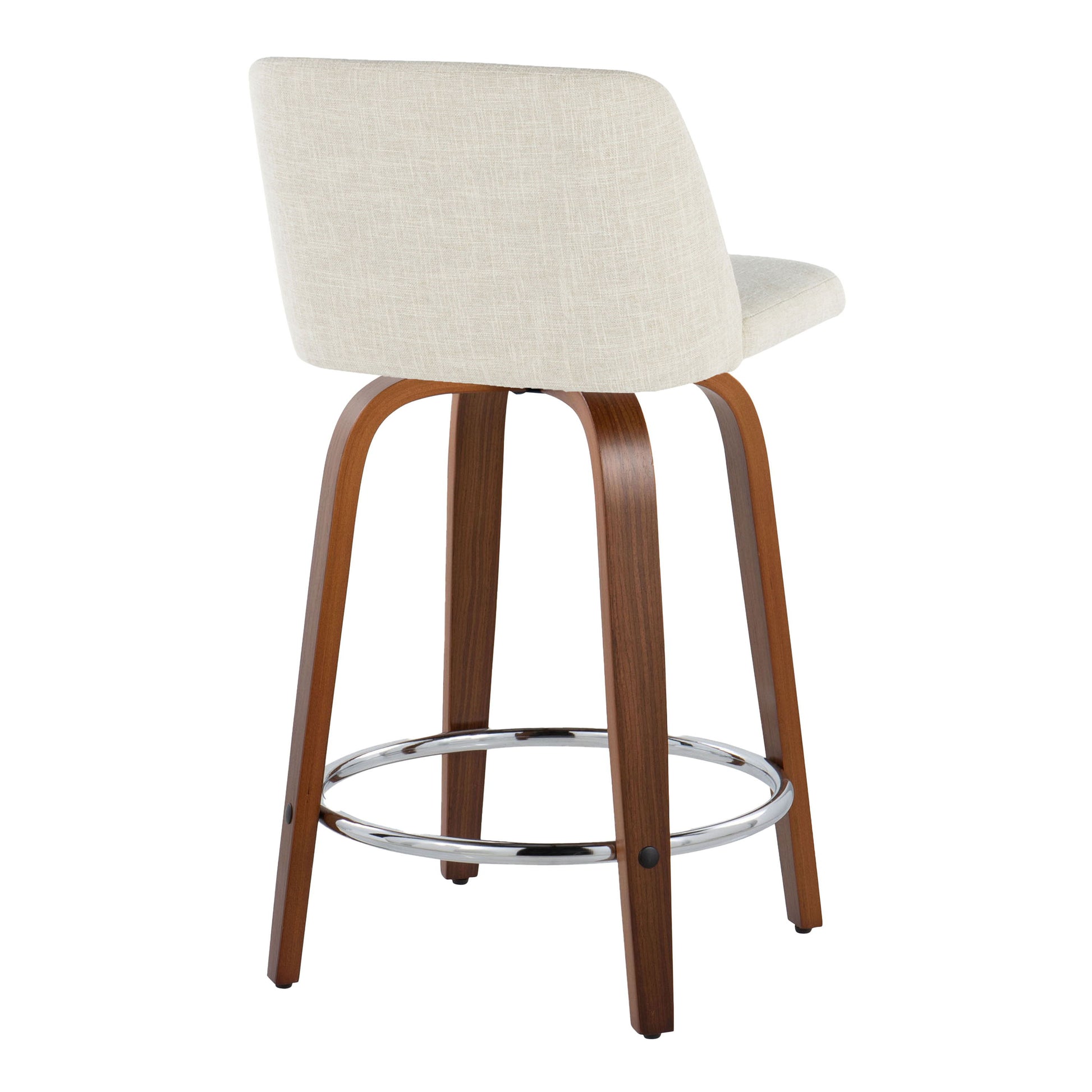 The Toriano set includes two mid-century modern counter stools featuring a beige upholstered seat and backrest, wooden frame with four curved legs, and a circular metal footrest, plus swivel functionality.