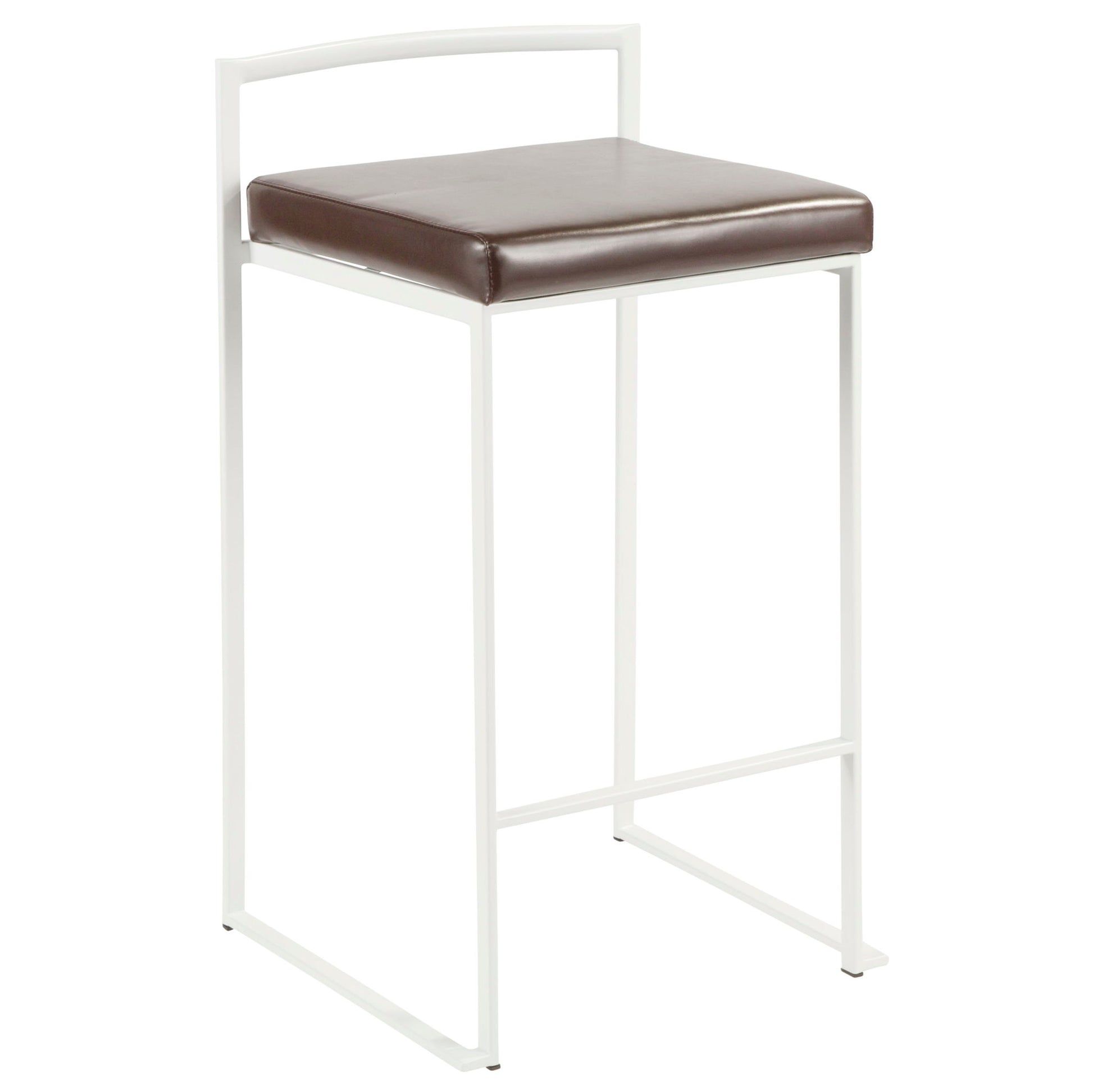 The Fuji - Simple Elegance Contemporary Stackable Counter Stool features a white metal frame, square brown cushioned seat, minimalist design, low backrest, and straight legs—perfect for modern spaces.