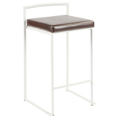 The Fuji - Simple Elegance Contemporary Stackable Counter Stool features a white metal frame, square brown cushioned seat, minimalist design, low backrest, and straight legs—perfect for modern spaces.