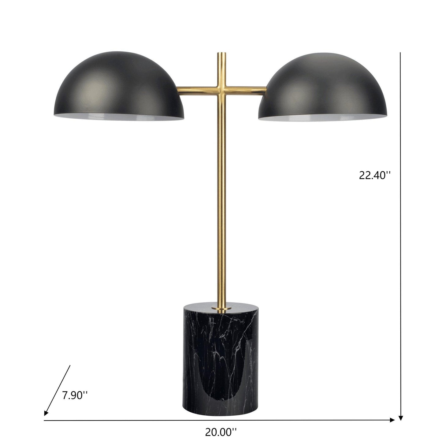 The Nova Hydro Table Lamp features two black dome shades, a gold metal frame, and a black marble base. Size: 22.4"H x 20"W x 7.9"D. Includes an on/off switch for easy use.