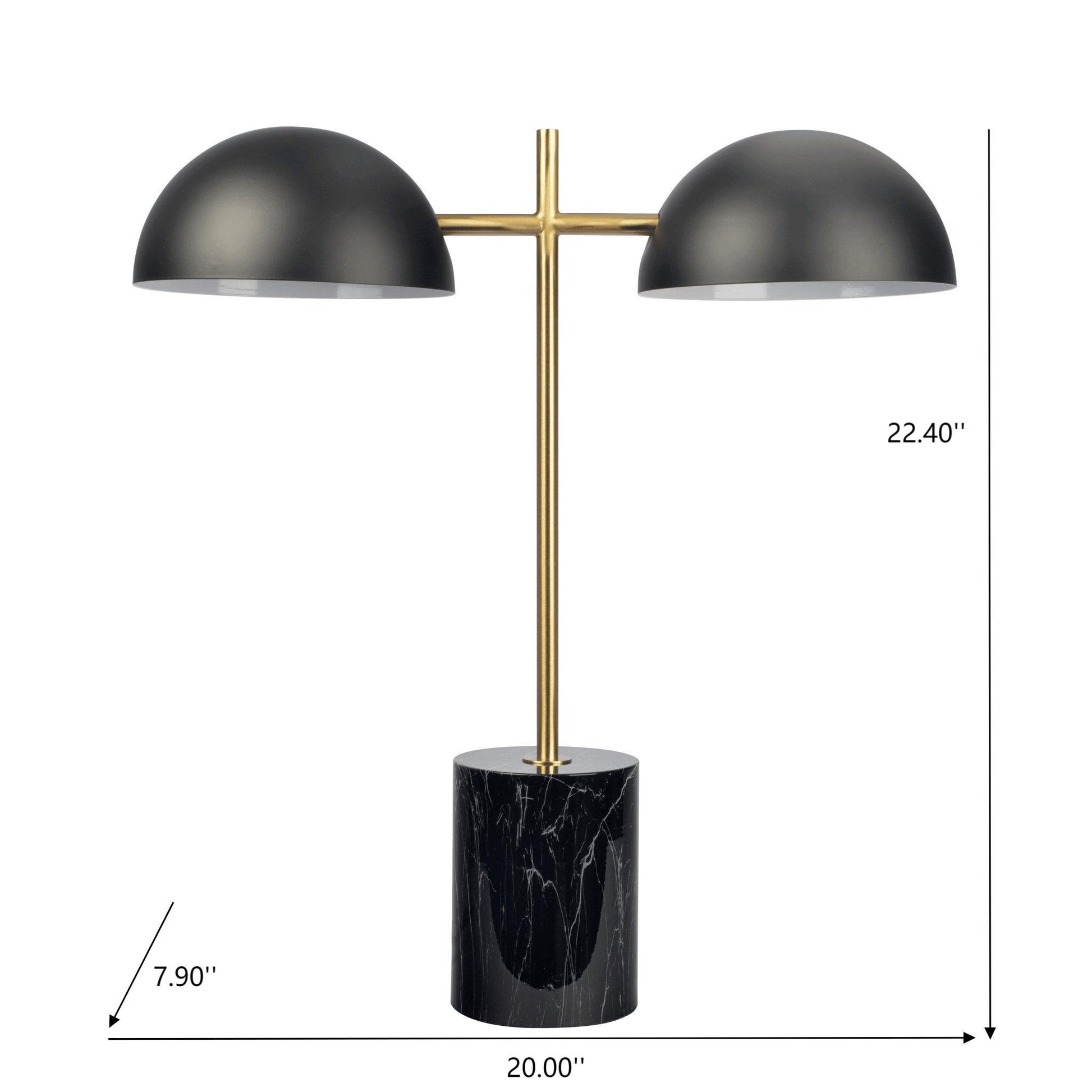 The Nova Hydro Table Lamp features two black dome shades, a gold metal frame, and a black marble base. Size: 22.4"H x 20"W x 7.9"D. Includes an on/off switch for easy use.
