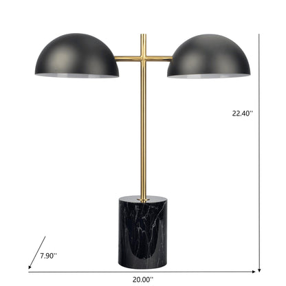 The Nova Hydro Table Lamp features two black dome shades, a gold metal frame, and a black marble base. Size: 22.4"H x 20"W x 7.9"D. Includes an on/off switch for easy use.