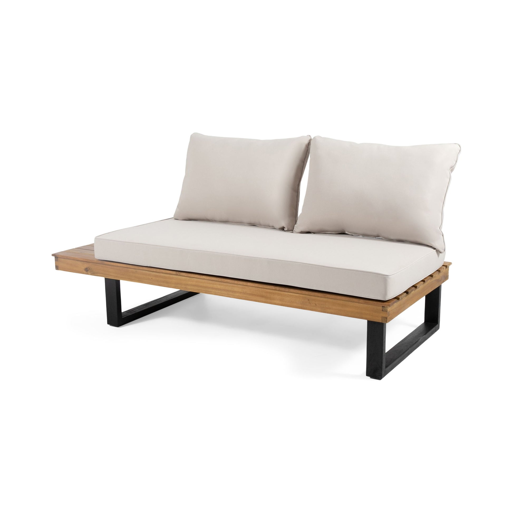 The Sebastian 2 Seater Sofa features a minimalist design with a wooden base, black metal legs, and light beige seat and back cushions. This modern outdoor bench-style sofa has clean lines and no armrests.