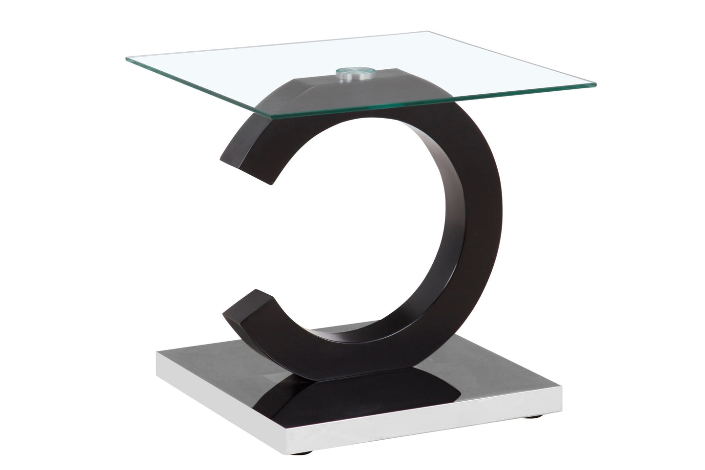 The Everest - Stylish Design Table features a clear glass square top, supported by a black curved C-shaped base on a metallic-finish rectangular platform.