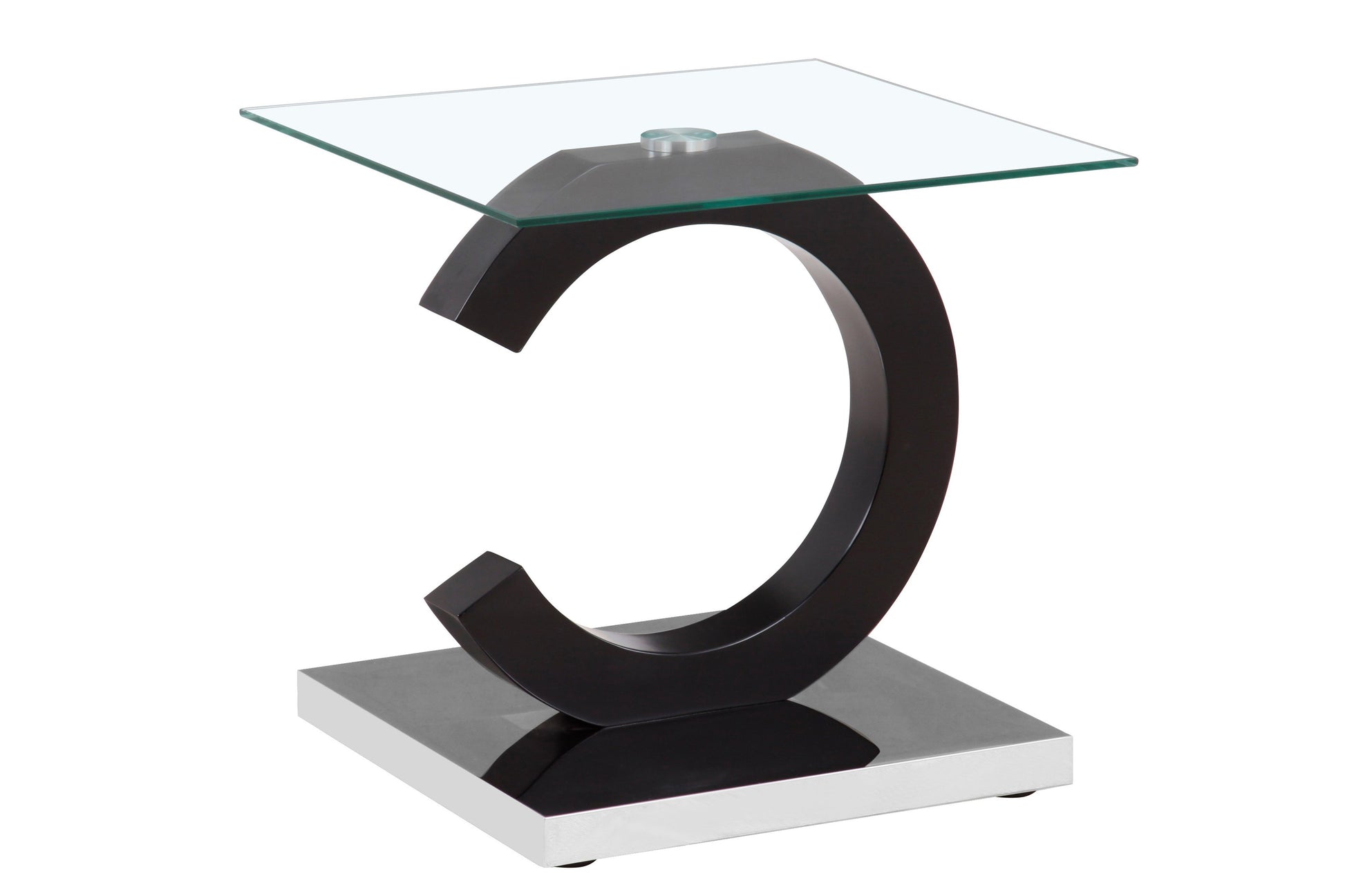 The Everest - Stylish Design Table features a clear glass square top, supported by a black curved C-shaped base on a metallic-finish rectangular platform.