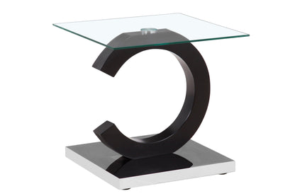 The Everest - Stylish Design Table features a clear glass square top, supported by a black curved C-shaped base on a metallic-finish rectangular platform.