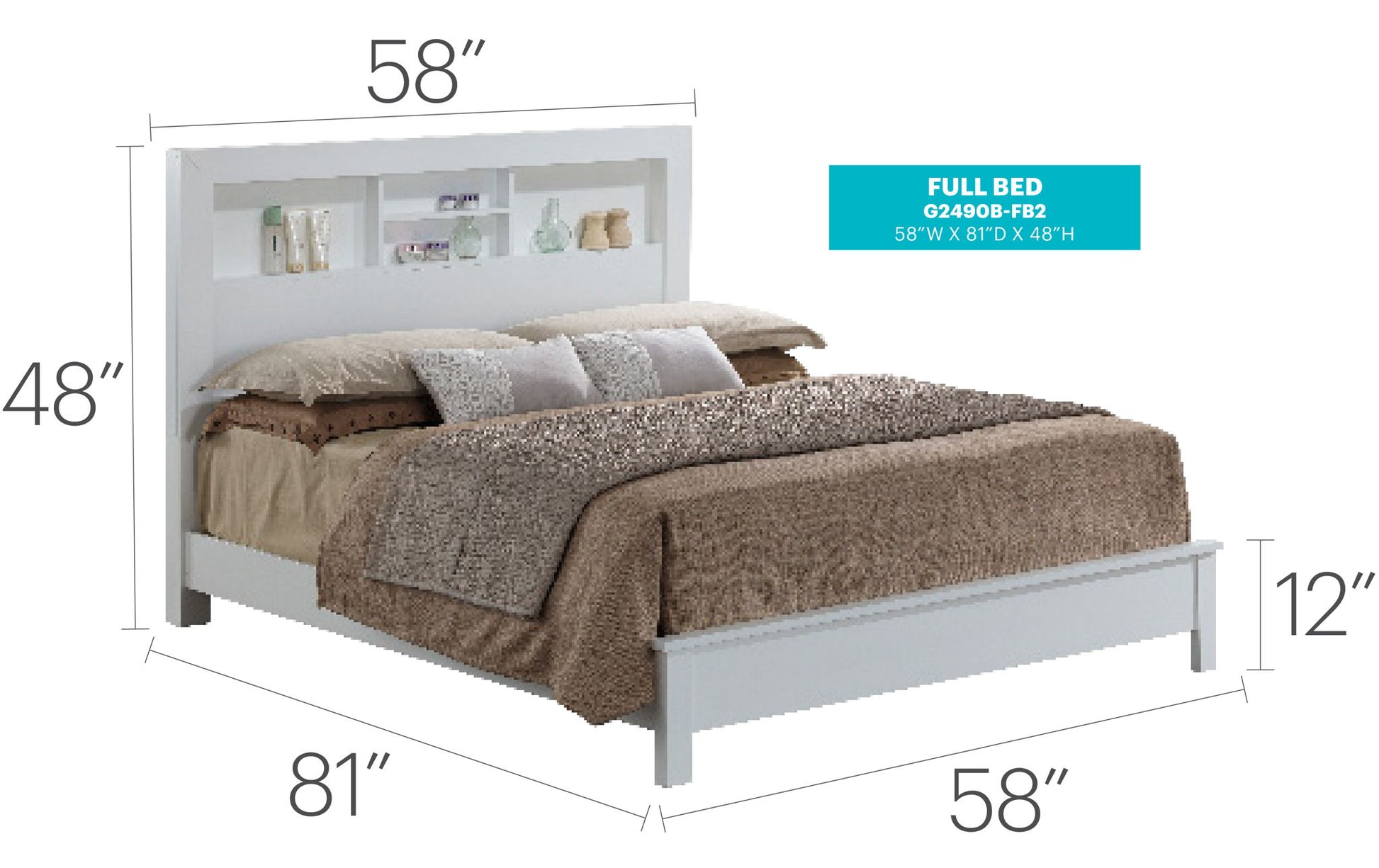 The Bed With Transitional Design Stylish is a white full-size bed with a shelf headboard, brown and beige bedding, and pillows. Dimensions: 58"W x 81"L, headboard 48"H, 12" from floor. Model: G2430B-FB2.