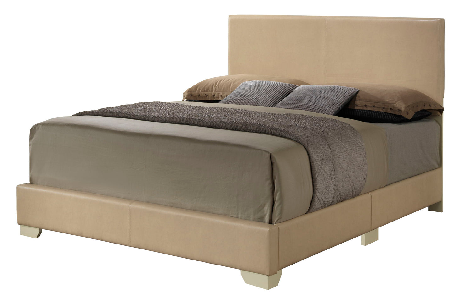 The Elegant Platform Bed For Relaxed Spaces features a tall beige upholstered headboard, neatly dressed in taupe and gray bedding with multiple pillows, shown isolated on a white background.