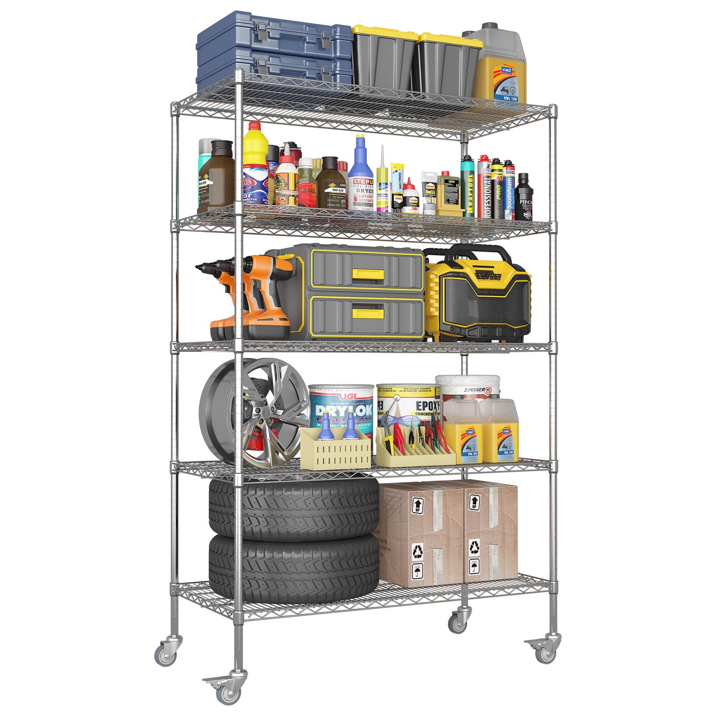 Heavy Duty Adjustable Shelving Unit, 5 Tier Wire Storage Shelves With Wheels - Brushed Nickel