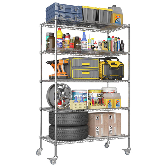 Heavy Duty Adjustable Shelving Unit, 5 Tier Wire Storage Shelves With Wheels - Brushed Nickel