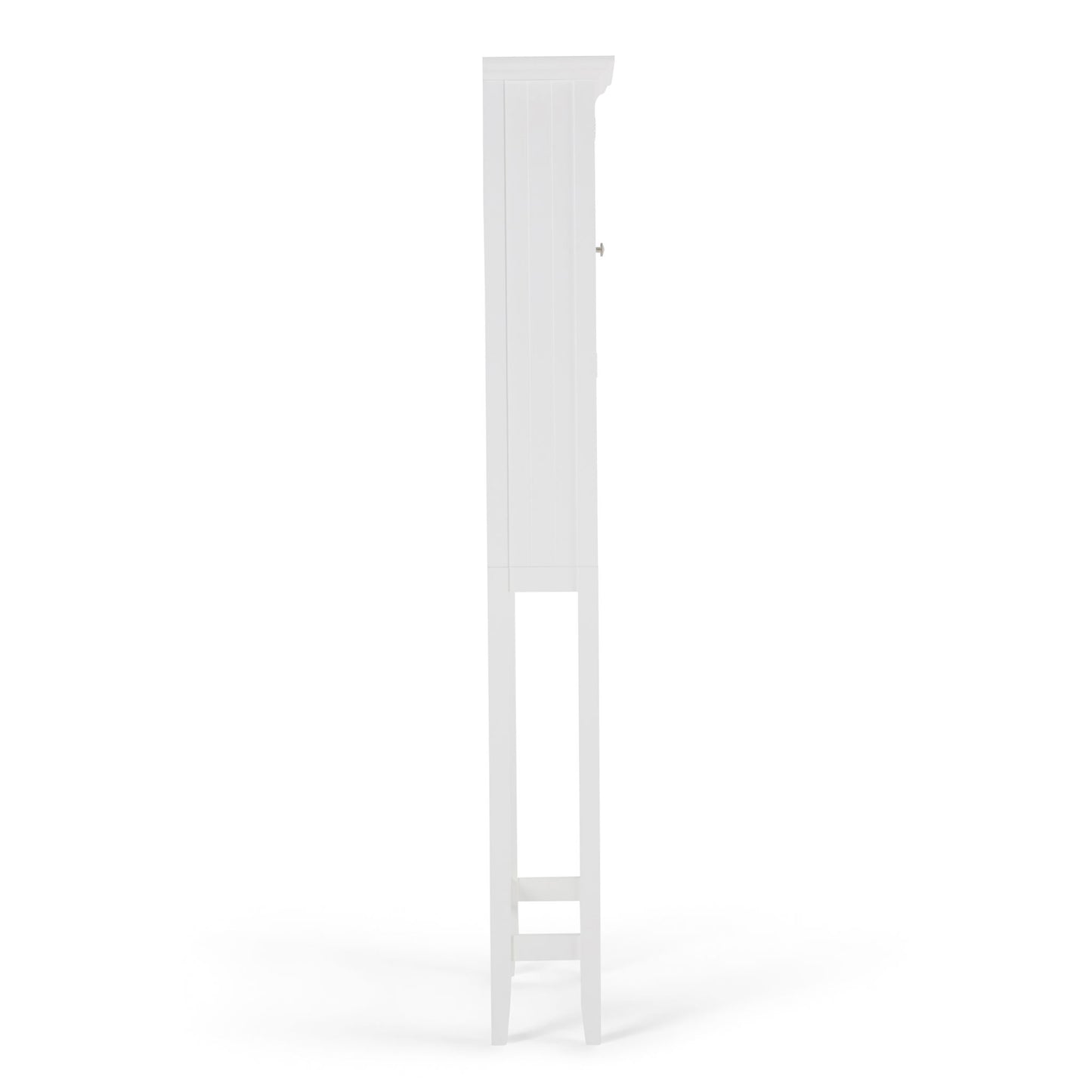 The Acadian Space Saver Cabinet in Pure White is displayed from the side, highlighting its tall, narrow profile, front door panel, and long legs against a plain white background.