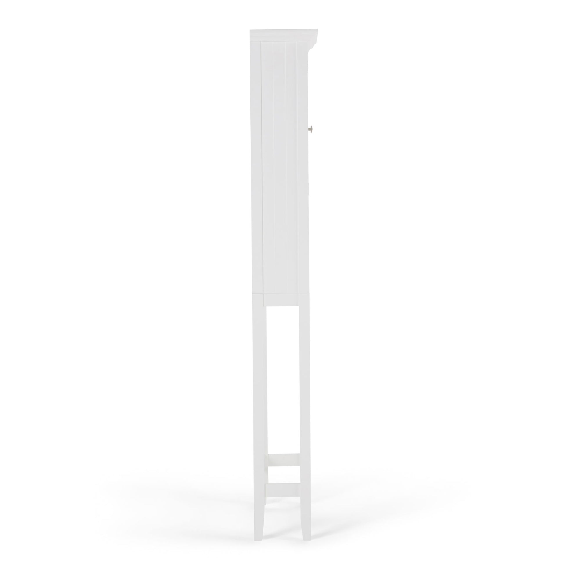 The Acadian Space Saver Cabinet in Pure White is displayed from the side, highlighting its tall, narrow profile, front door panel, and long legs against a plain white background.