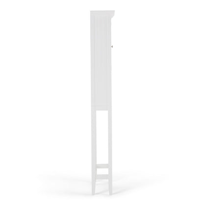 The Acadian Space Saver Cabinet in Pure White is displayed from the side, highlighting its tall, narrow profile, front door panel, and long legs against a plain white background.